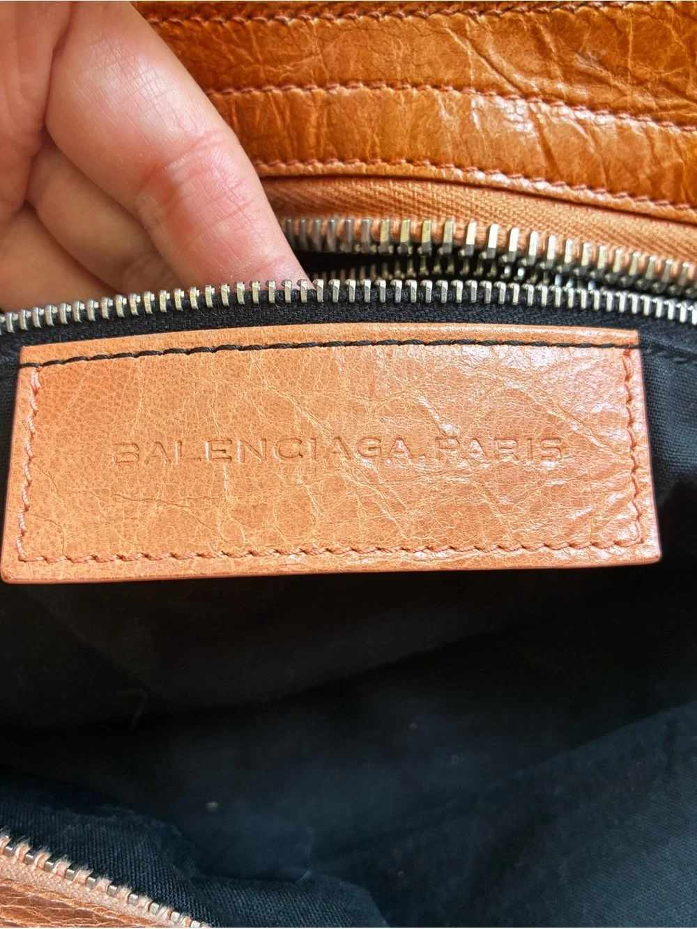 Authentic Balenciaga  City Lace-trimmed Motorcycle Bag– Orange Distressed Leat